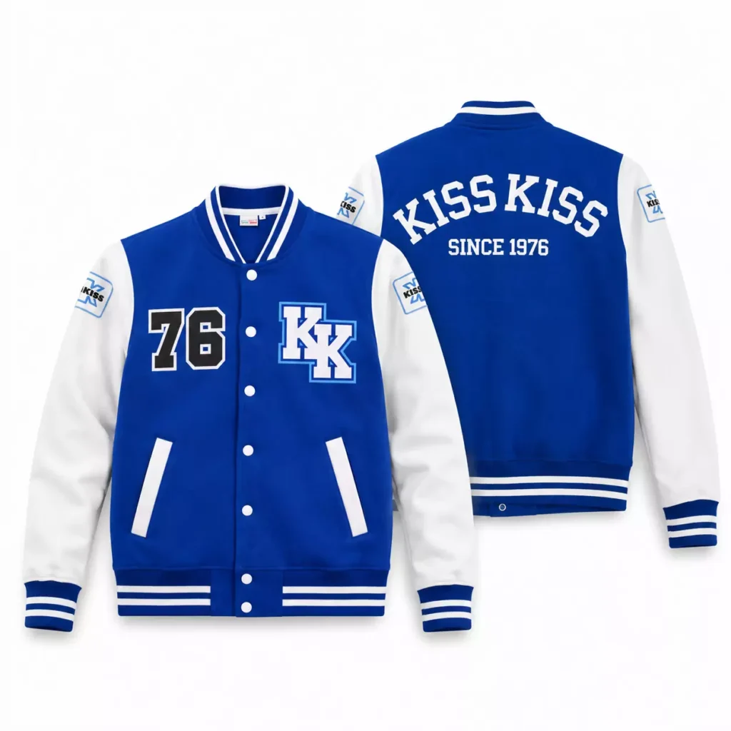 Felpa KK since ’76 Kiss Kiss in cotone e poliestere. Blu con maniche bianche. Design varsity iconico e stile urban per outfit casual esclusivi. FRONTE e RETRO