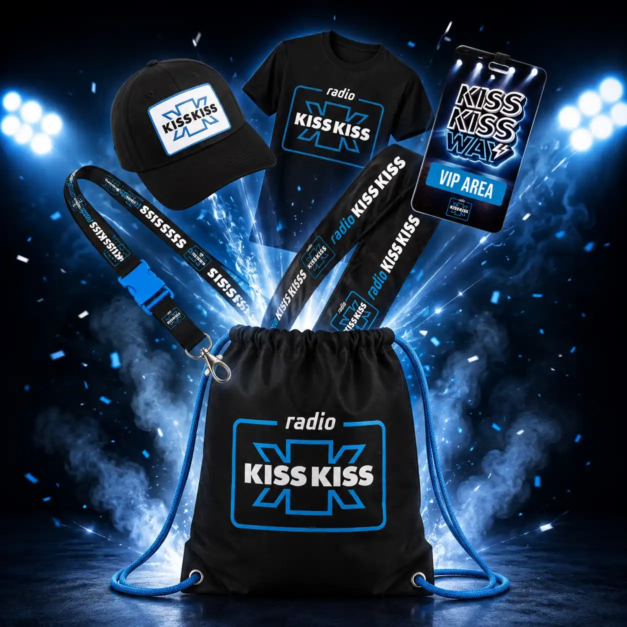Premium Bag Kiss Kiss Way con t-shirt ufficiale, cappellino, gym bag, lanyard, fascia personalizzata e pass VIP Area del tour Radio Kiss Kiss Way 2026