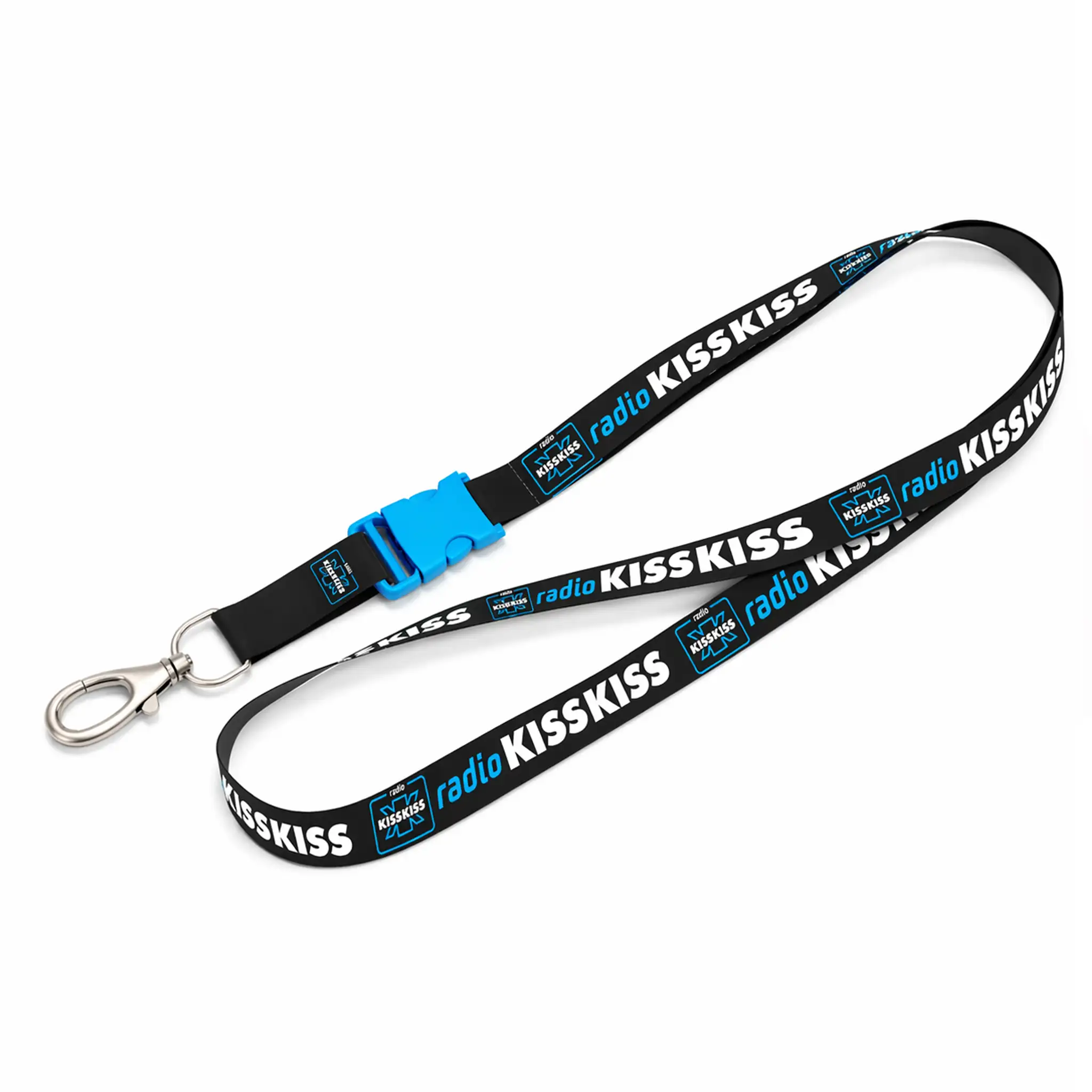 Premium Bag Kiss Kiss Way lanyard ufficiale Radio Kiss Kiss nero con moschettone metallico e dettagli blue electric