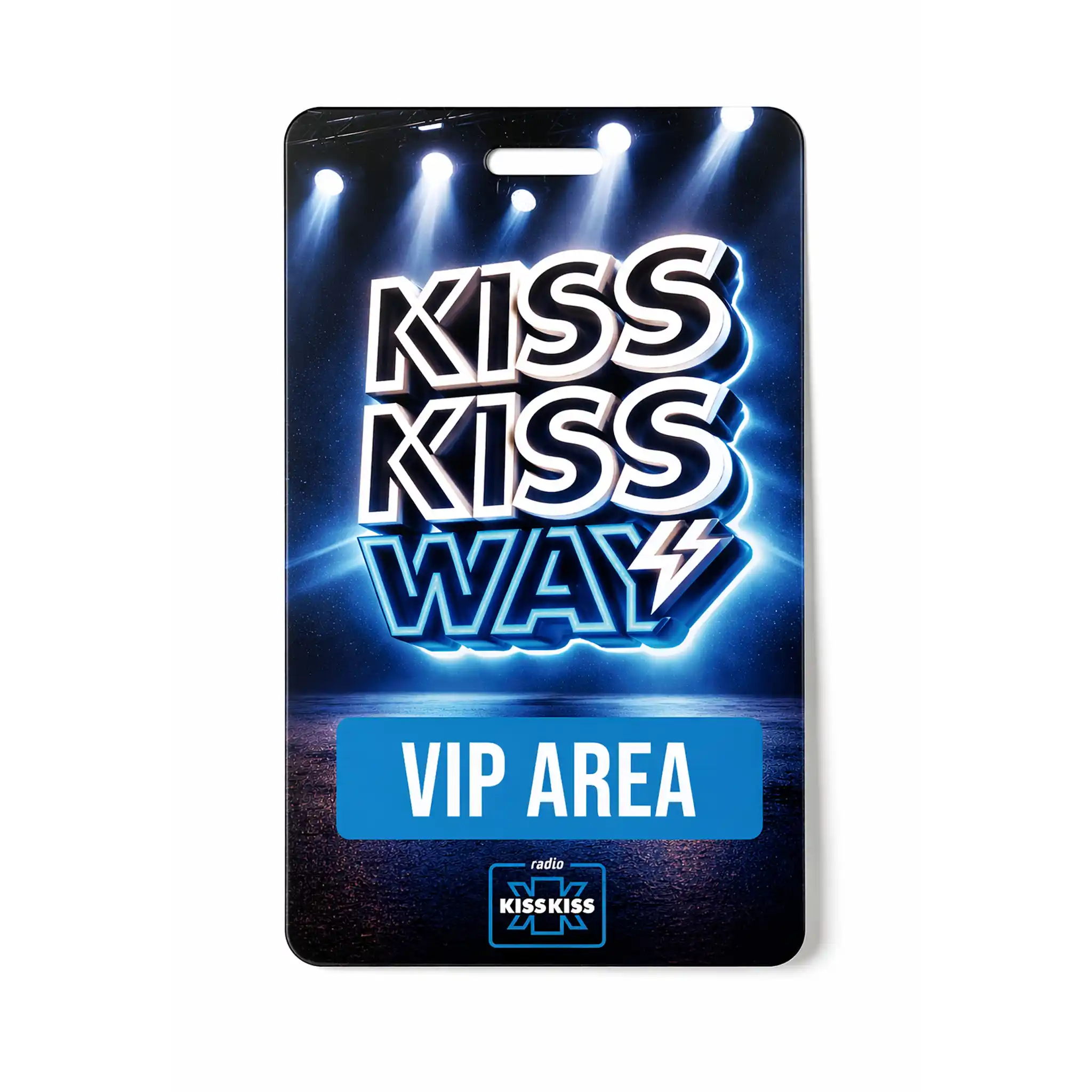 Premium Bag Kiss Kiss Way pass VIP Area ufficiale Radio Kiss Kiss con grafica neon blue electric del tour Kiss Kiss Way